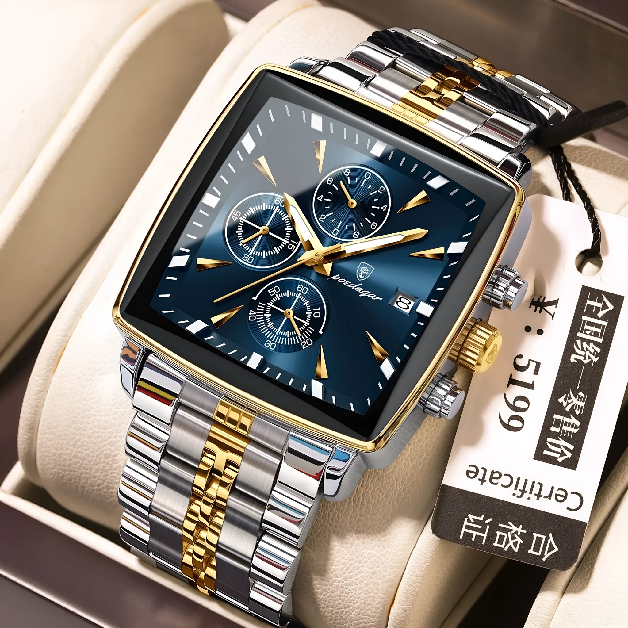 Square men's business watch with stainless steel strap and multiple colour configuration options