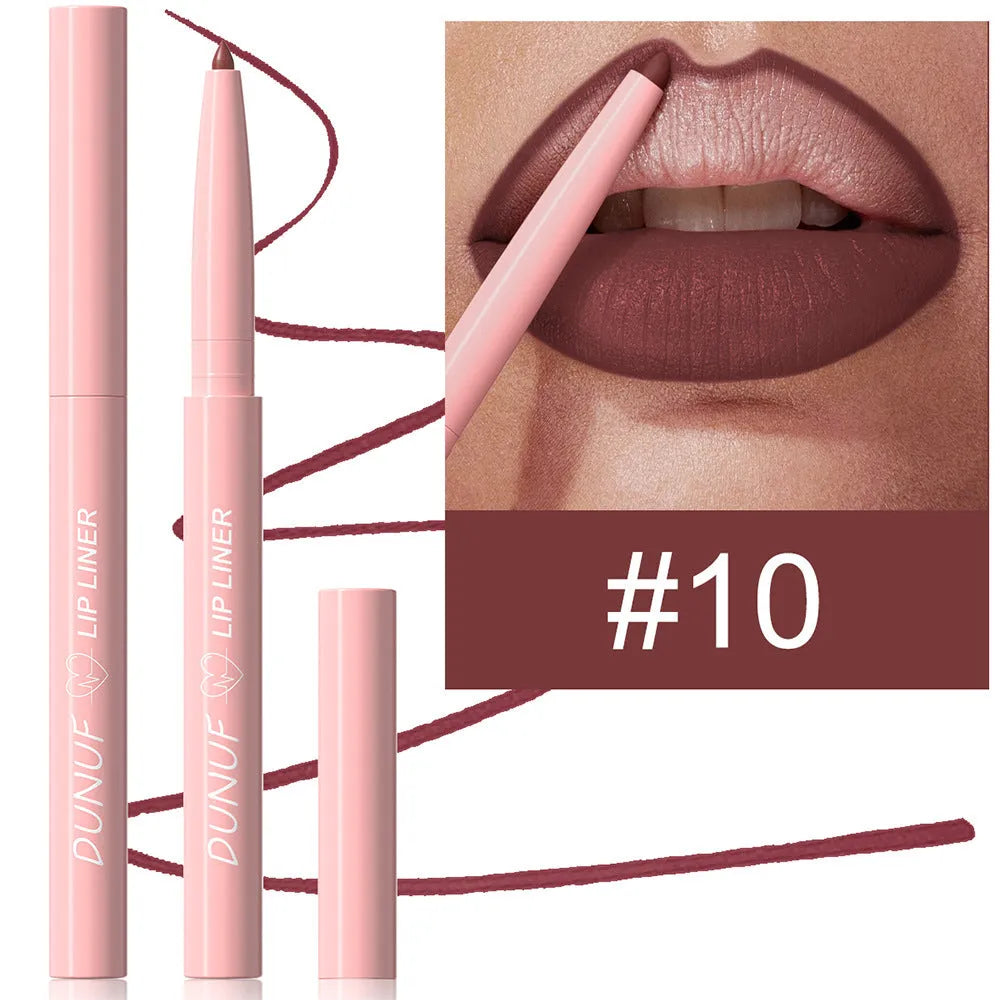 Velvet matte lip liner pencil in a choice of 12 colours for easy application.