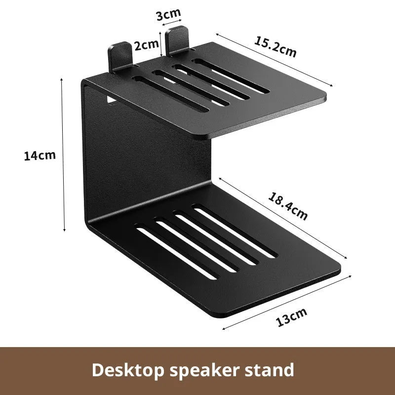 Black carbon steel single-layer desktop audio elevated rack with a speaker on top
