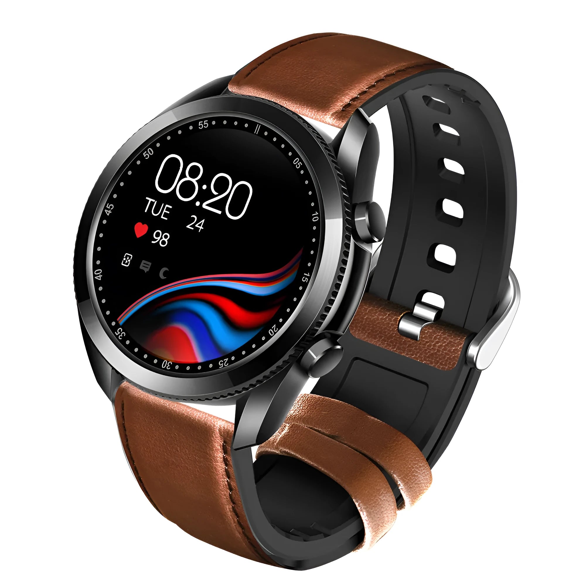 UM90 black smart watch with leather strap showing large screen displaying heart rate and fitness data.