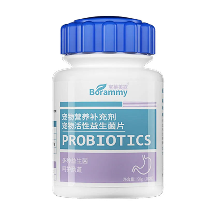 Bottle of 180 pet probiotic chewable tablets for cats and dogs.