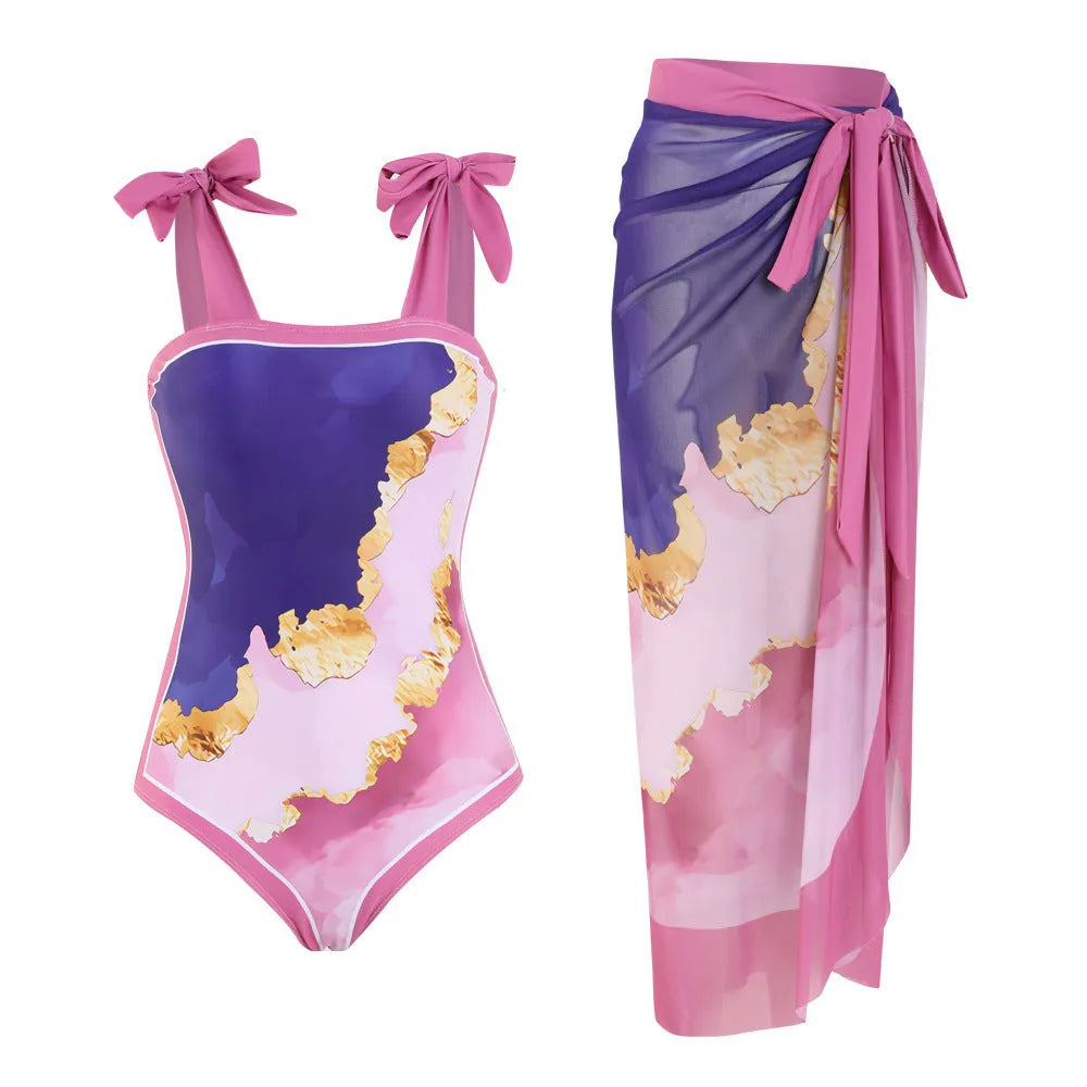 Floral pattern conservative bikini swimsuit with mesh tube top and matching skirt