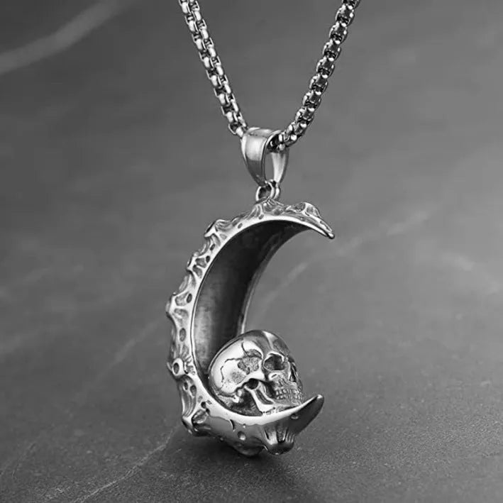 Men's silver stainless steel necklace with alloy skull pendant and matching chain