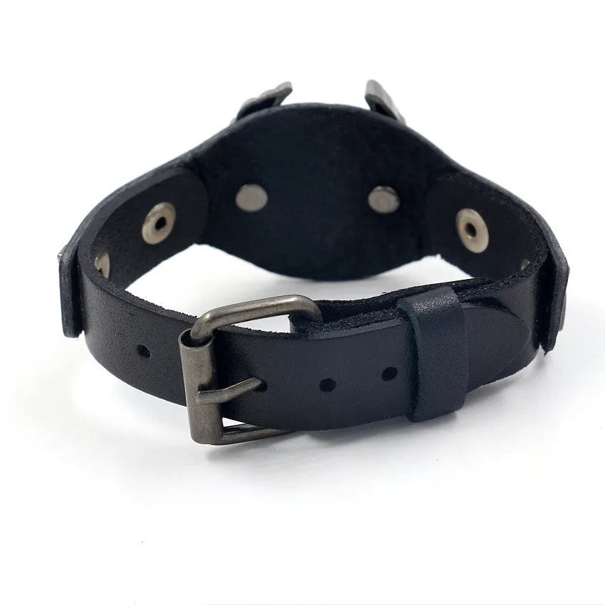 Black leather geometric bracelet with alloy eagle watch clasp showing tapered width and 26cm length
