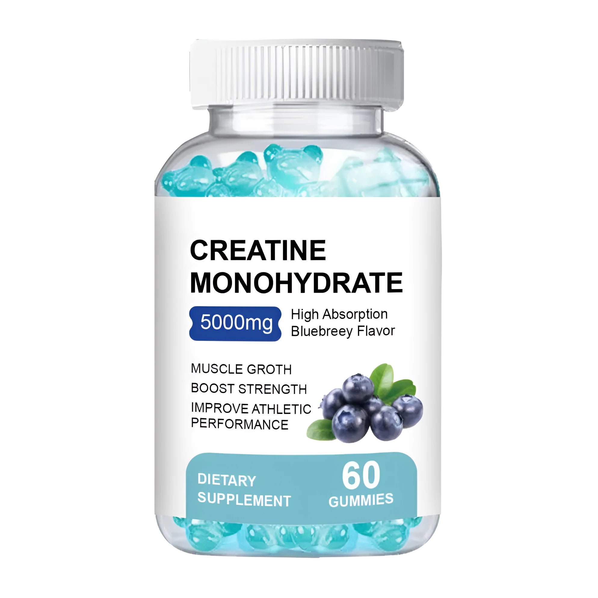 60 creatine monohydrate gummy supplements in container showing individual soft candy pieces