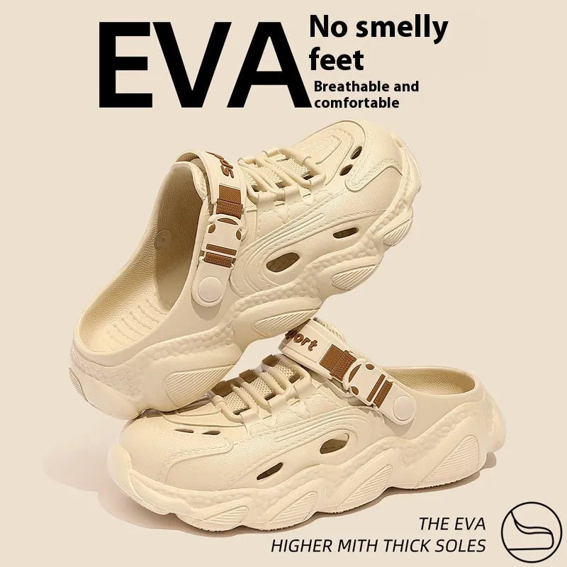 Men's khaki outdoor slippers with hollow out design and EVA non-slip sole