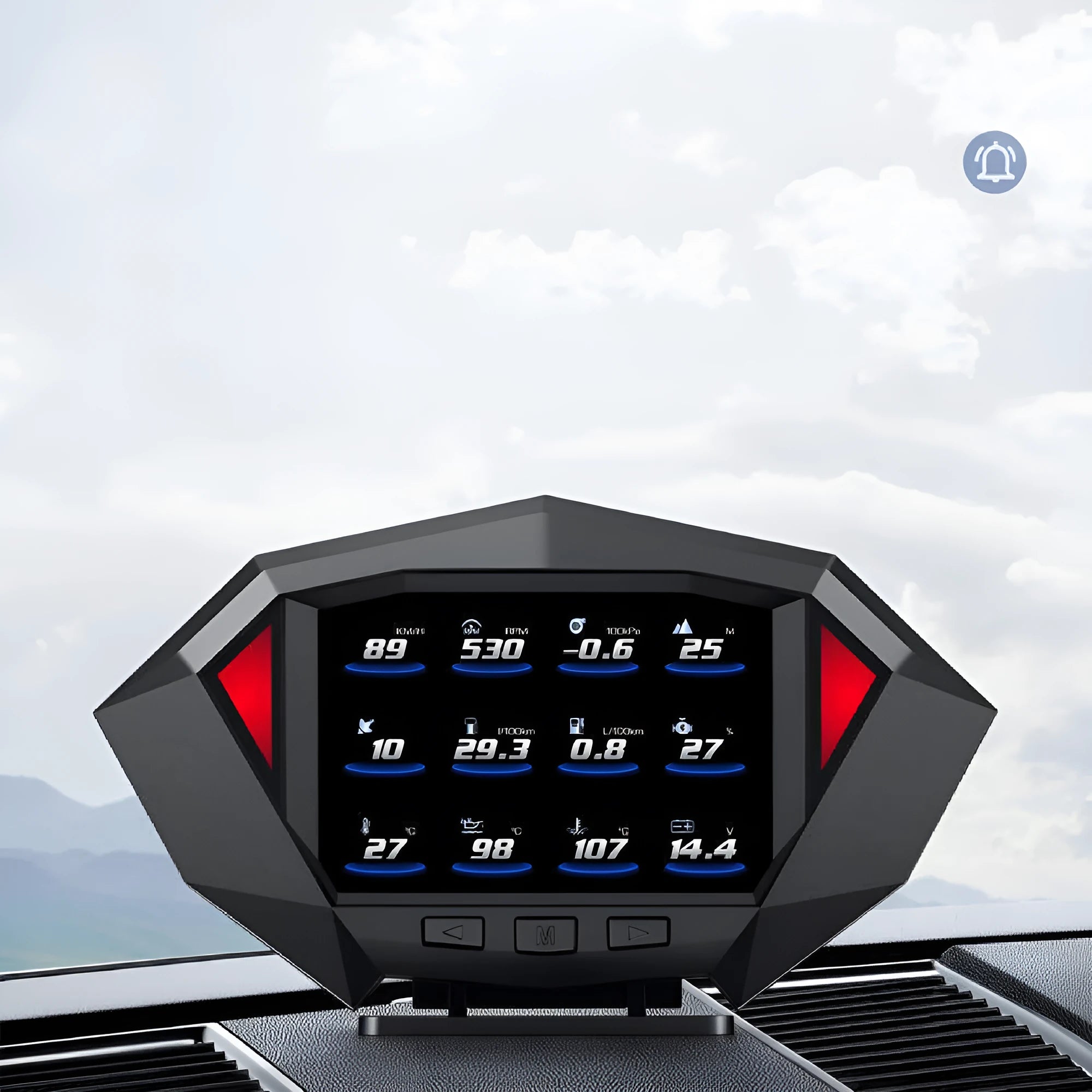Black P1 HD LCD Vehicle HUD Head Up Display with OBD2 cable and anti-slip pad on dashboard