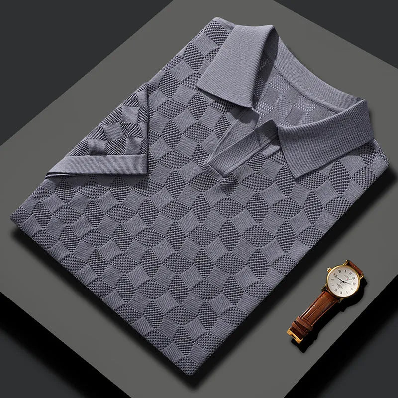 Men's short sleeve lapel sweater in mulberry silk, shown in a solid colour.