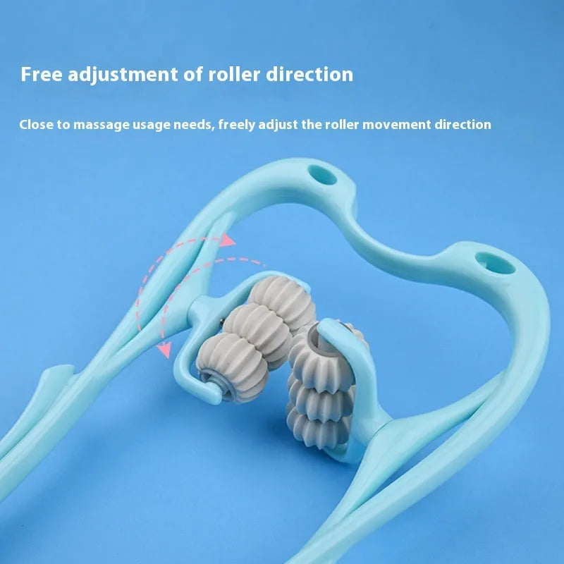 Blue plastic handheld massager with six rolling wheels for neck and shoulders.