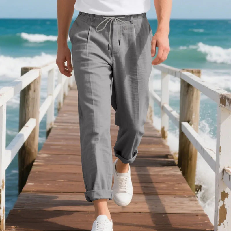 Men's linen casual trousers in loose straight fit with drawstring waist in various colours