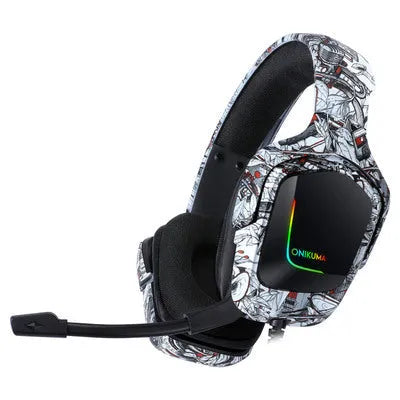 K20 wired gaming headset with RGB lights, cloth earmuffs, and a braided black cable.