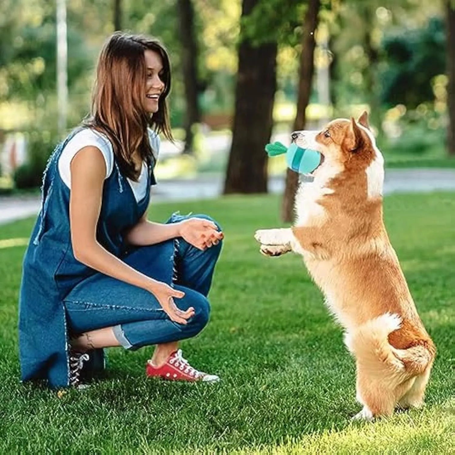 Blue durable rubber interactive treat dispensing dog toy for medium and large dogs