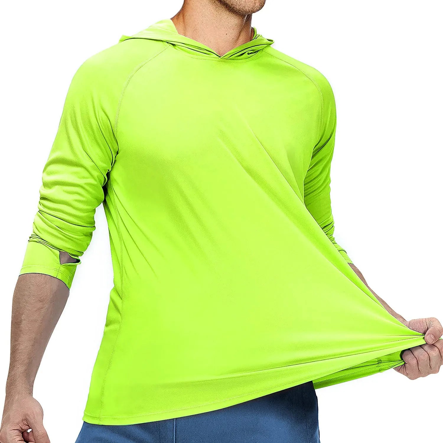 UPF50 hooded slim fit sun protection fishing suit in fluorescent green, polyester quick-dry fabric, available in multiple colours and sizes