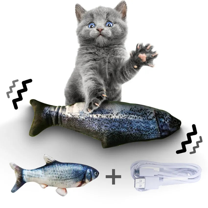 Multicolor USB rechargeable electric jumping fish cat toy measuring 30cm long