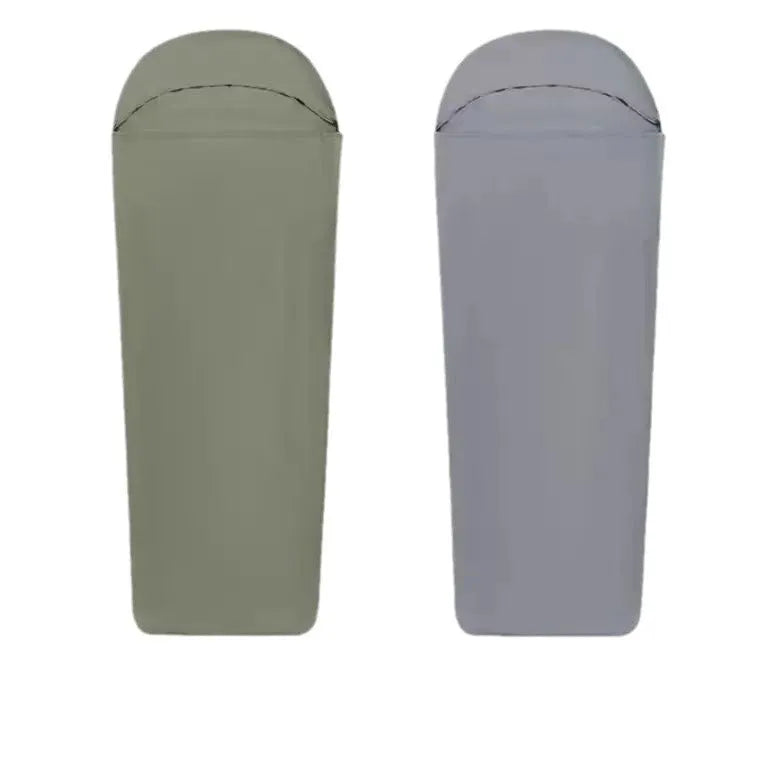 Blue or green nylon camping sleeping bag with mummy-style construction for adult outdoor use