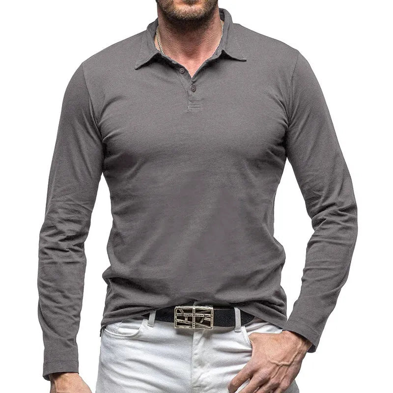 Men's dark grey long sleeve cotton t-shirt with a polo collar, American retro style, laid flat.