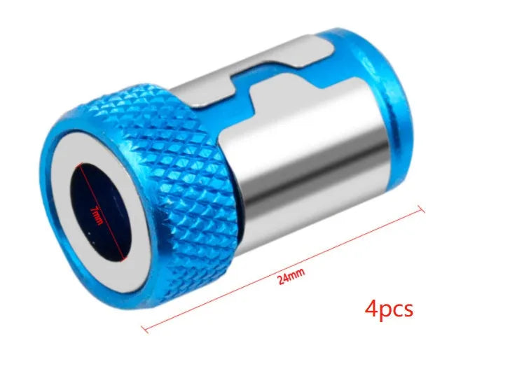Light blue magnetic screwdriver bit for slotted screws on a plain background.
