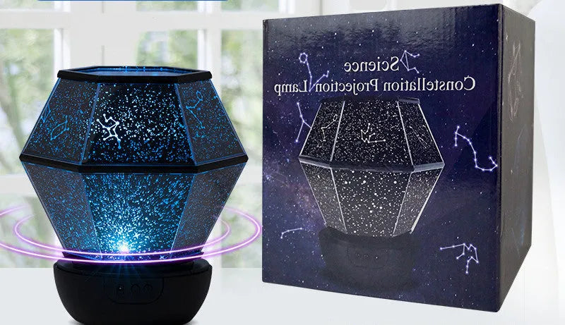 Children's rotating stars LED constellation projector night light showing colourful star patterns on a wall.