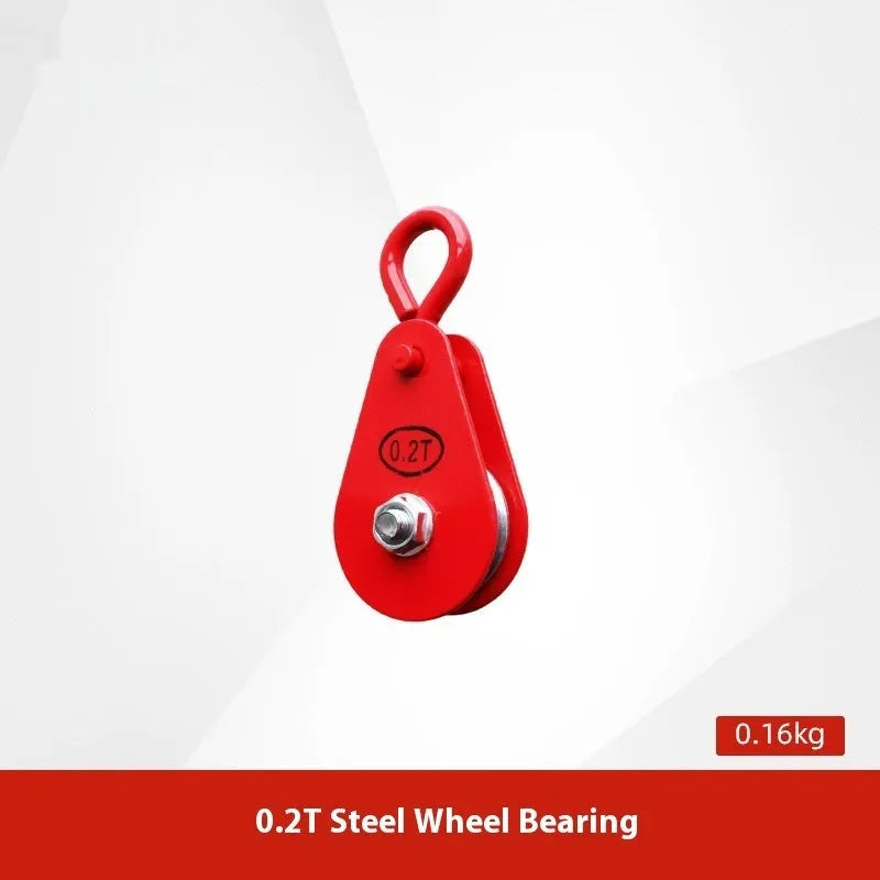 Red forged steel industrial lifting pulley with a safety latch on the hook