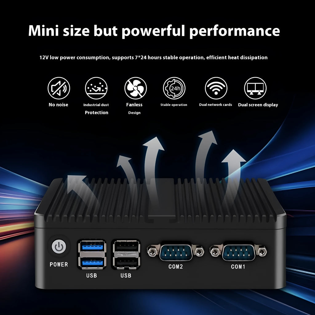 Industrial fanless mini host computer with quad-core processor, dual network ports, 13.6cm compact metal chassis for embedded control systems