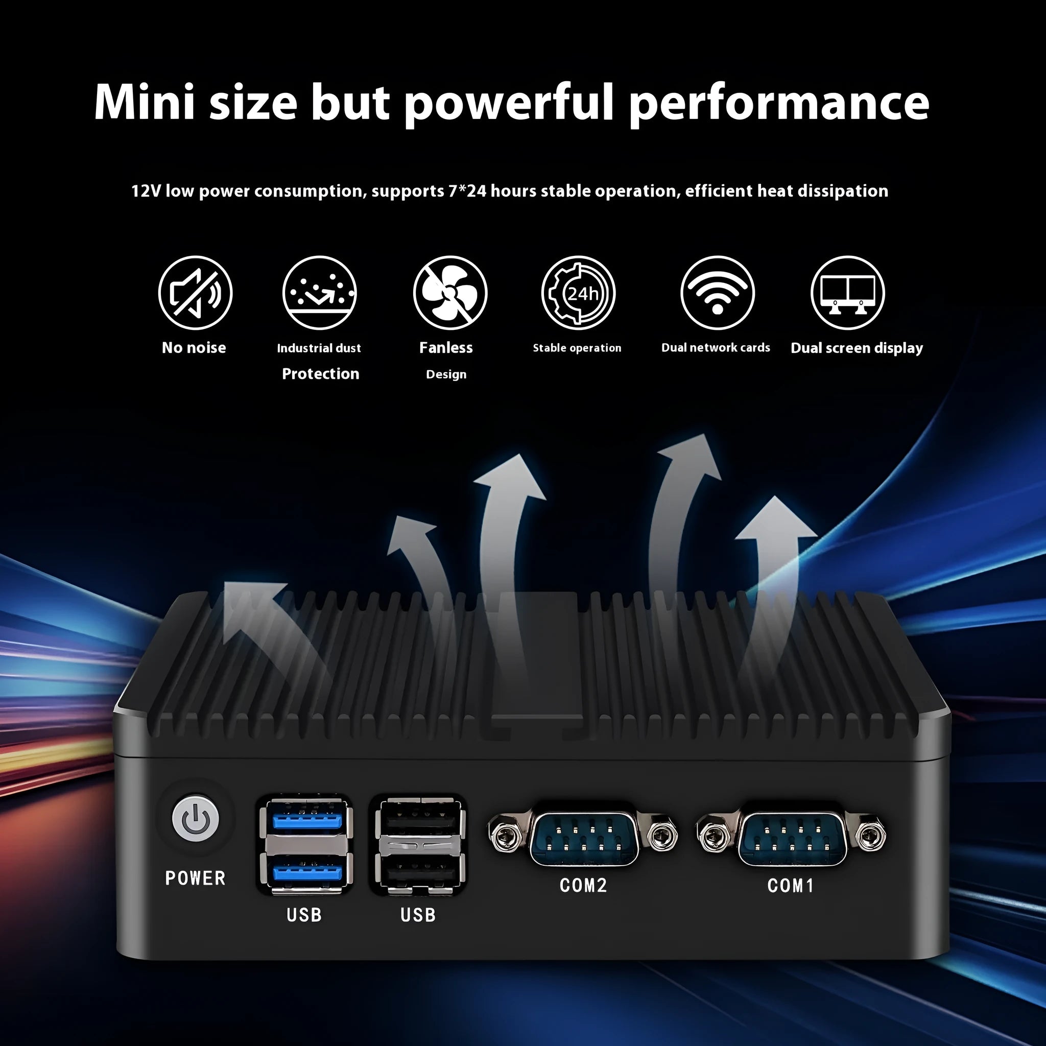 Industrial fanless mini host computer with quad-core processor, dual network ports, 13.6cm compact metal chassis for embedded control systems