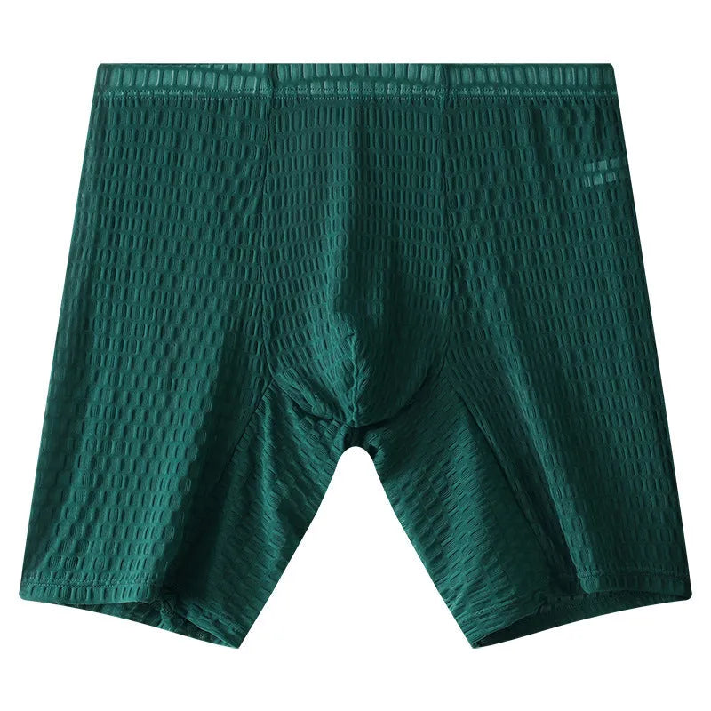 Men's transparent lace boxer shorts in white colour showing mid-waist and lengthened design