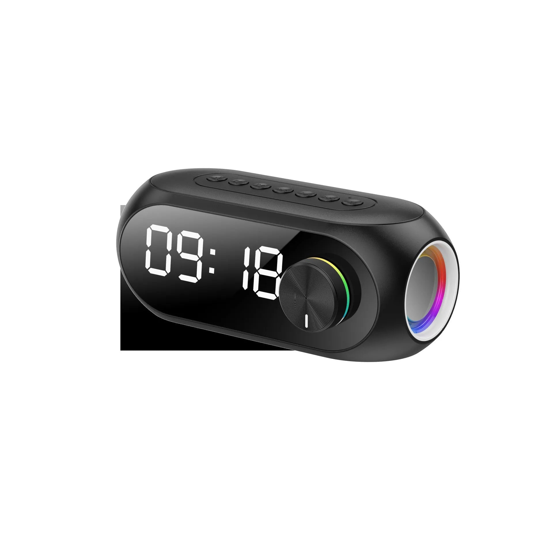 Portable mini clock Bluetooth speaker in S8 Black colour showing time display and extra bass audio features