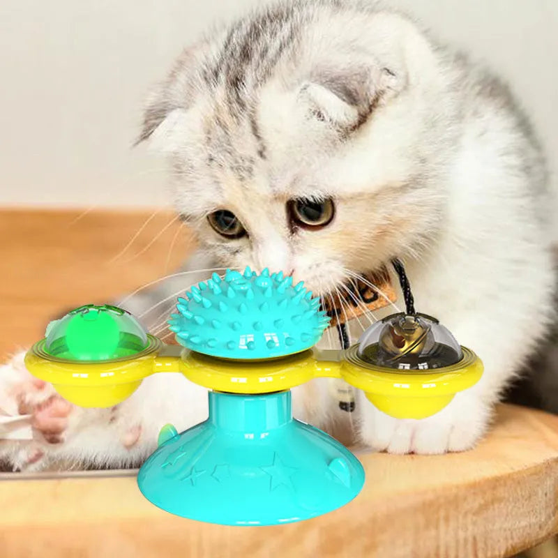Cat rotating windmill toy with suction base and two transparent bins on blades