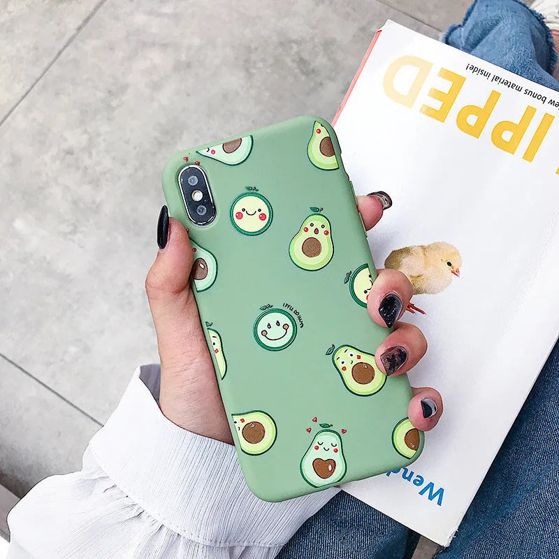 Cartoon avocado design on a green TPU back cover case for an iPhone.