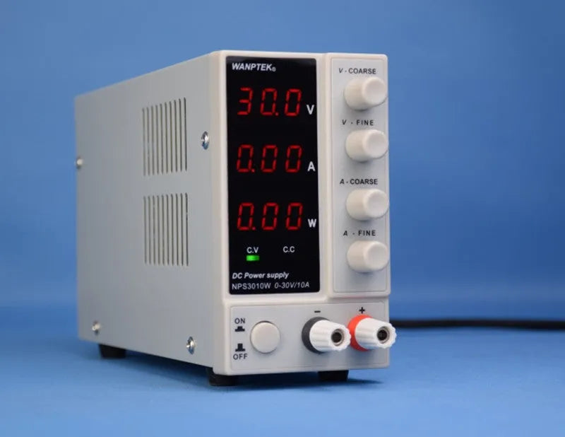 White adjustable DC power supply unit for mobile phone and notebook repair with voltage and current controls
