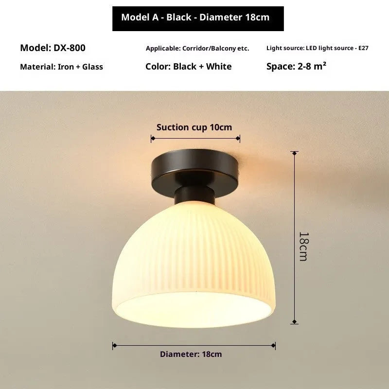 Nordic wrought iron glass ceiling lamp with E27 base, black finish, on a simple ceiling