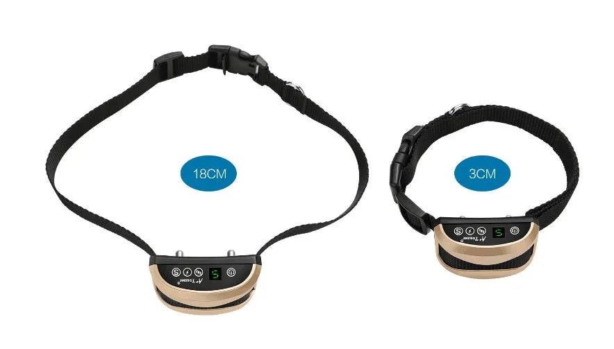 Digital anti-barking training collar with display screen on adjustable black strap for dogs