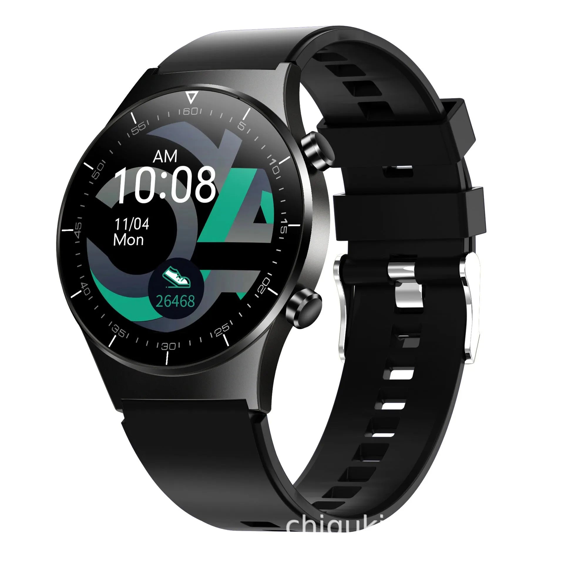 Black smart watch with 1.3-inch screen showing heart rate and blood pressure monitoring display