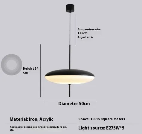 Nordic modern retro UFO pendant chandelier light fitting in a black and white colour scheme.