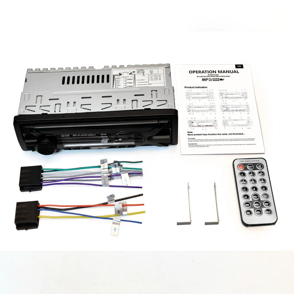 Front view of a black car radio MP3 player with LCD display, rotary knobs, and USB/TF card slots.