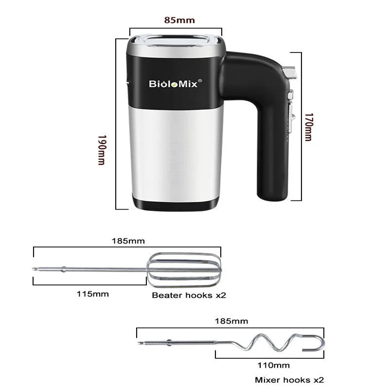 White 500W 5-speed electric hand mixer with beaters and dough hooks on a kitchen counter