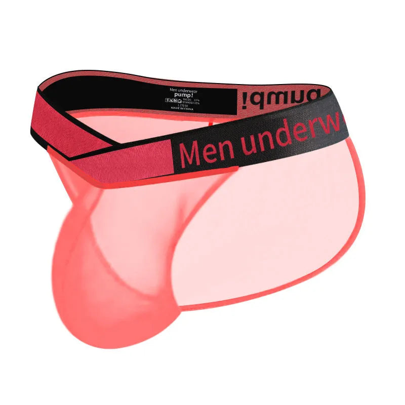 Men's solid colour nylon briefs with a low waist and large V gradient high-cut design.