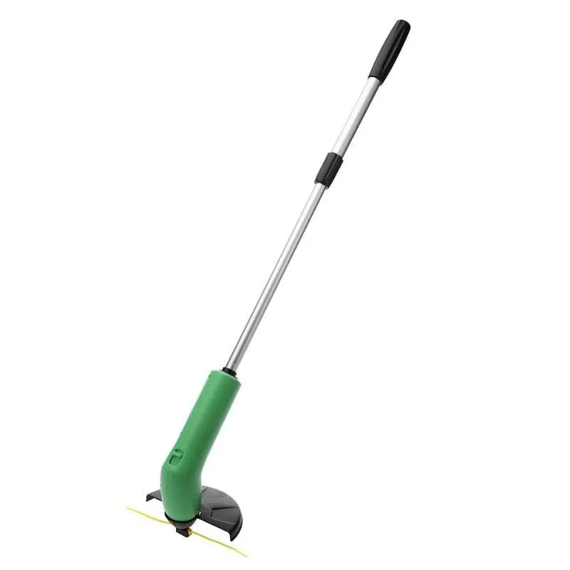 Cordless lawn trimmer with extension pole and protective shield on a garden background