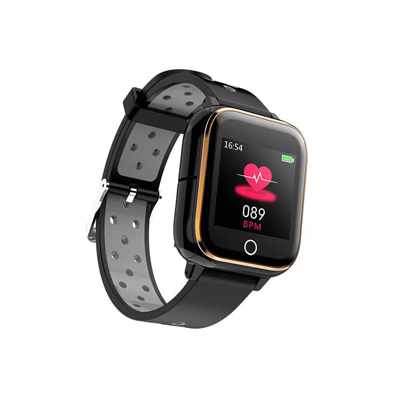 Black smart watch and Bluetooth earphones 2-in-1 fitness tracker on wrist with earbuds stored in watch case.