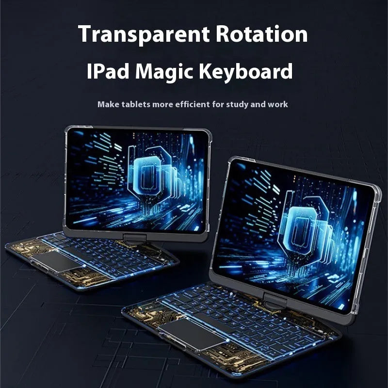 Transparent rotating keyboard protective case for iPad Air 5 tablet showing wireless keyboard and 360-degree hinge