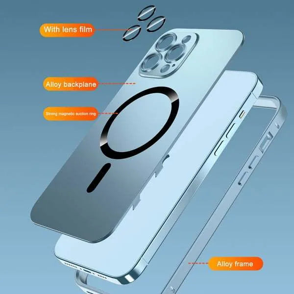 Aluminium alloy frame iPhone protective case with magnetic suction function shown in dark purple colour