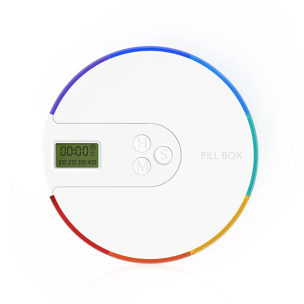 Blue 7-compartment electronic alarm clock pill dispenser showing timer display and separate lids.