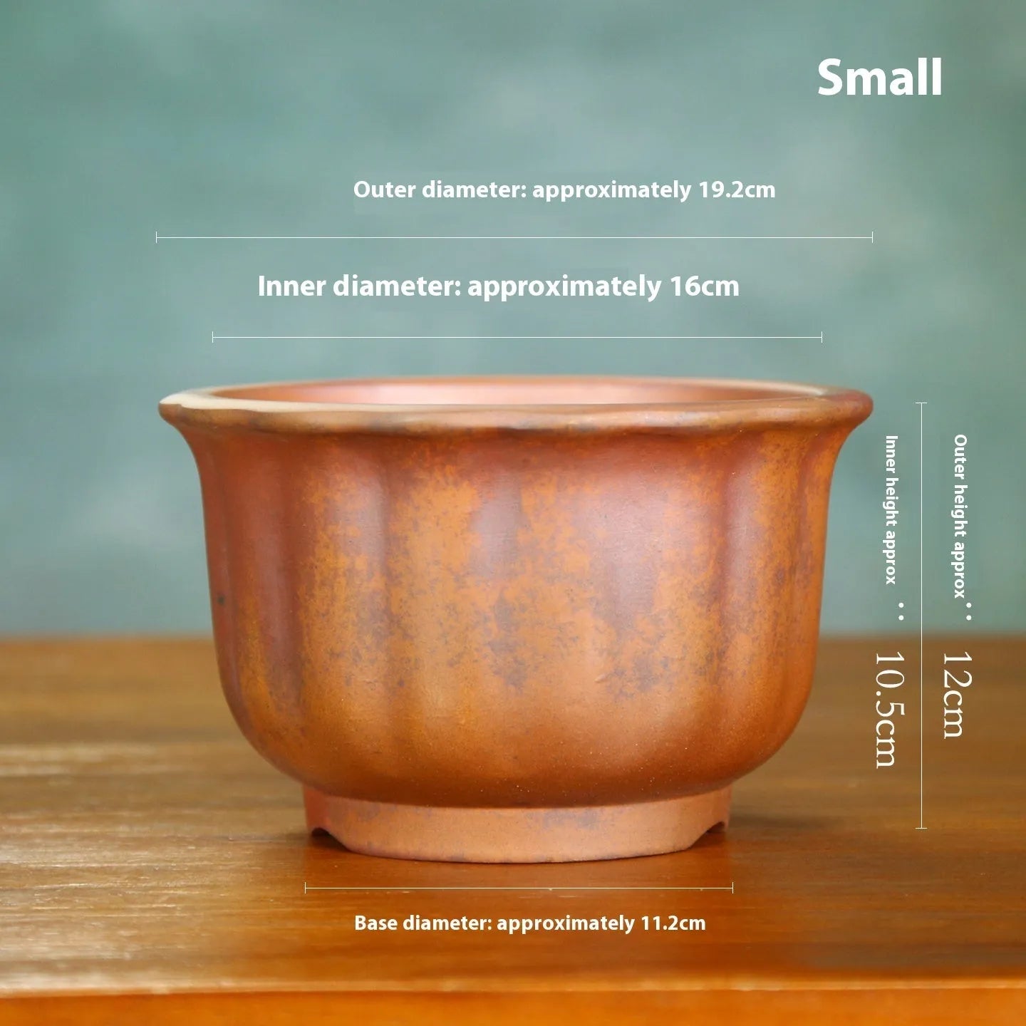Purple sand ceramic flower pot with antique carved detailing and wood burning finish