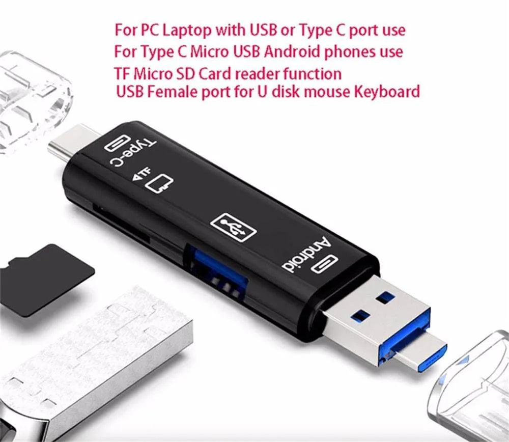 Black and white Type-C Micro USB OTG hub adapter with TF card reader for laptops and phones.