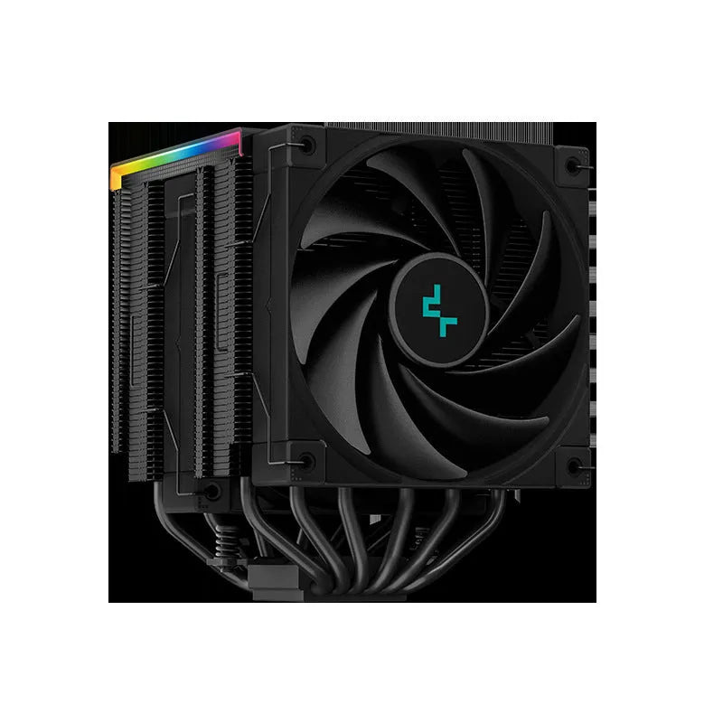 Black and white tower CPU air cooler with heat sink fins and digital display for PC computer case.