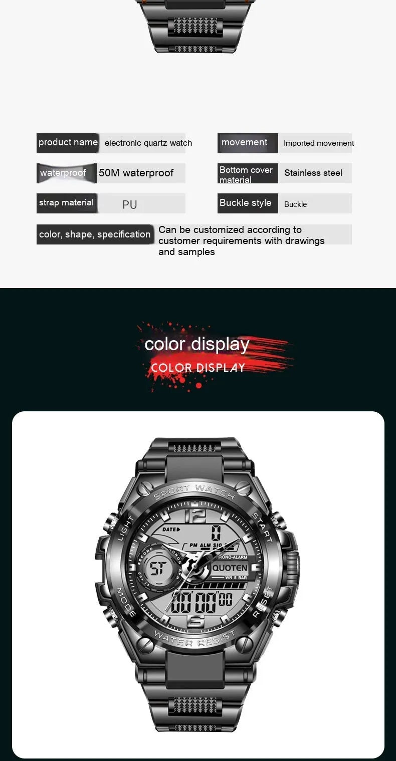 Waterproof electronic quartz watch with 45mm round dial, multi-function display, and plastic strap in black silver finish