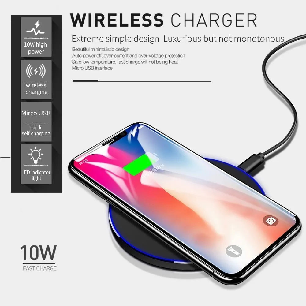 Black ultra-thin wireless fast charging pad with 98mm square dimensions for smartphone charging