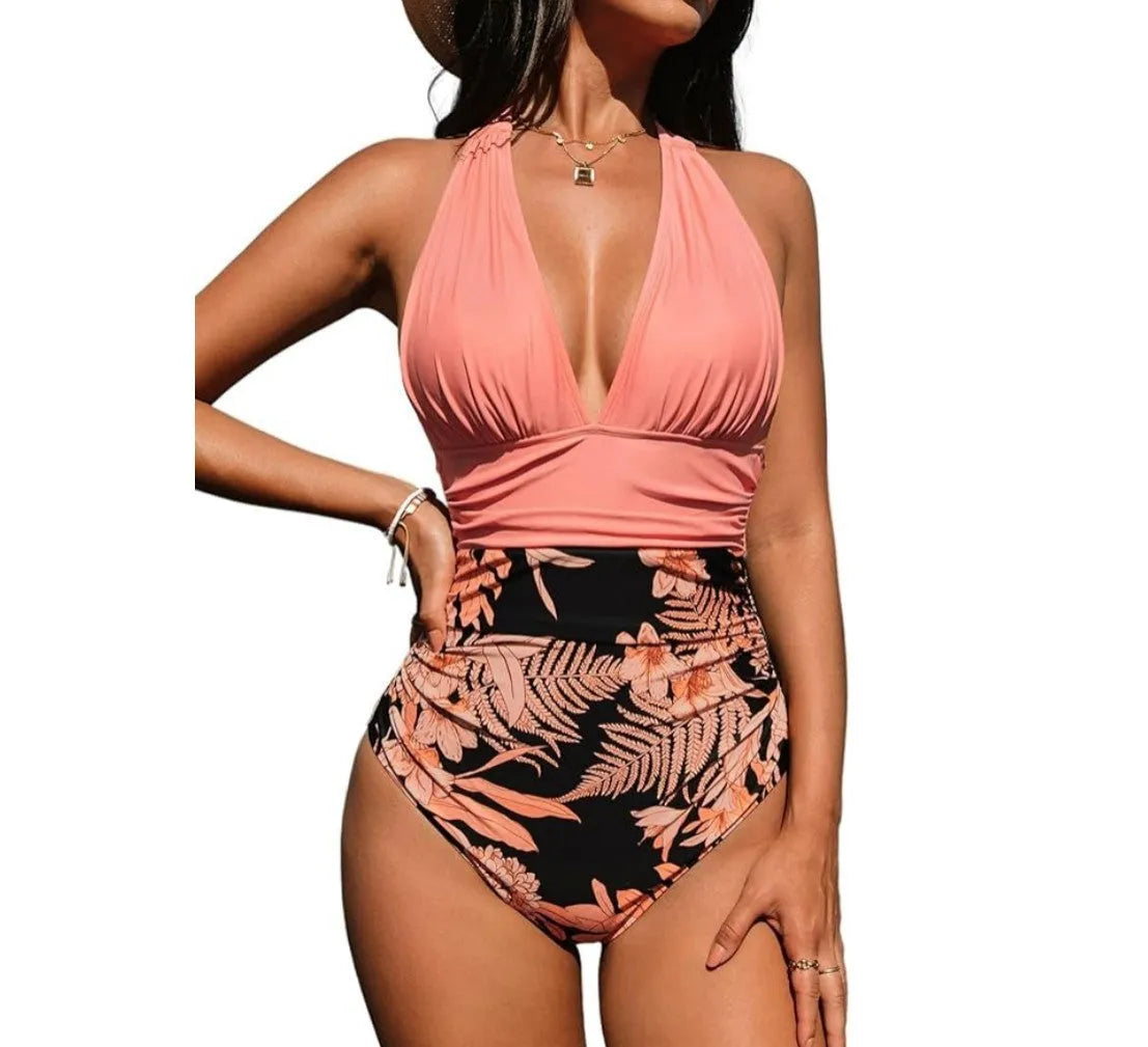Women's halter neck one-piece swimsuit in quick-dry polyester with floral and print patterns