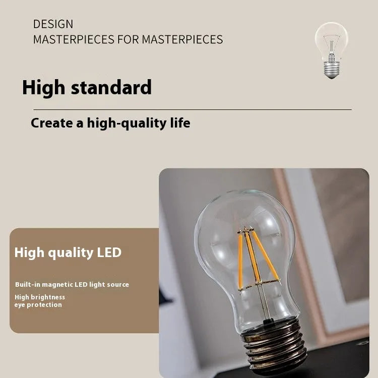 Iron art suspension bulb desktop lamp on wood grain base