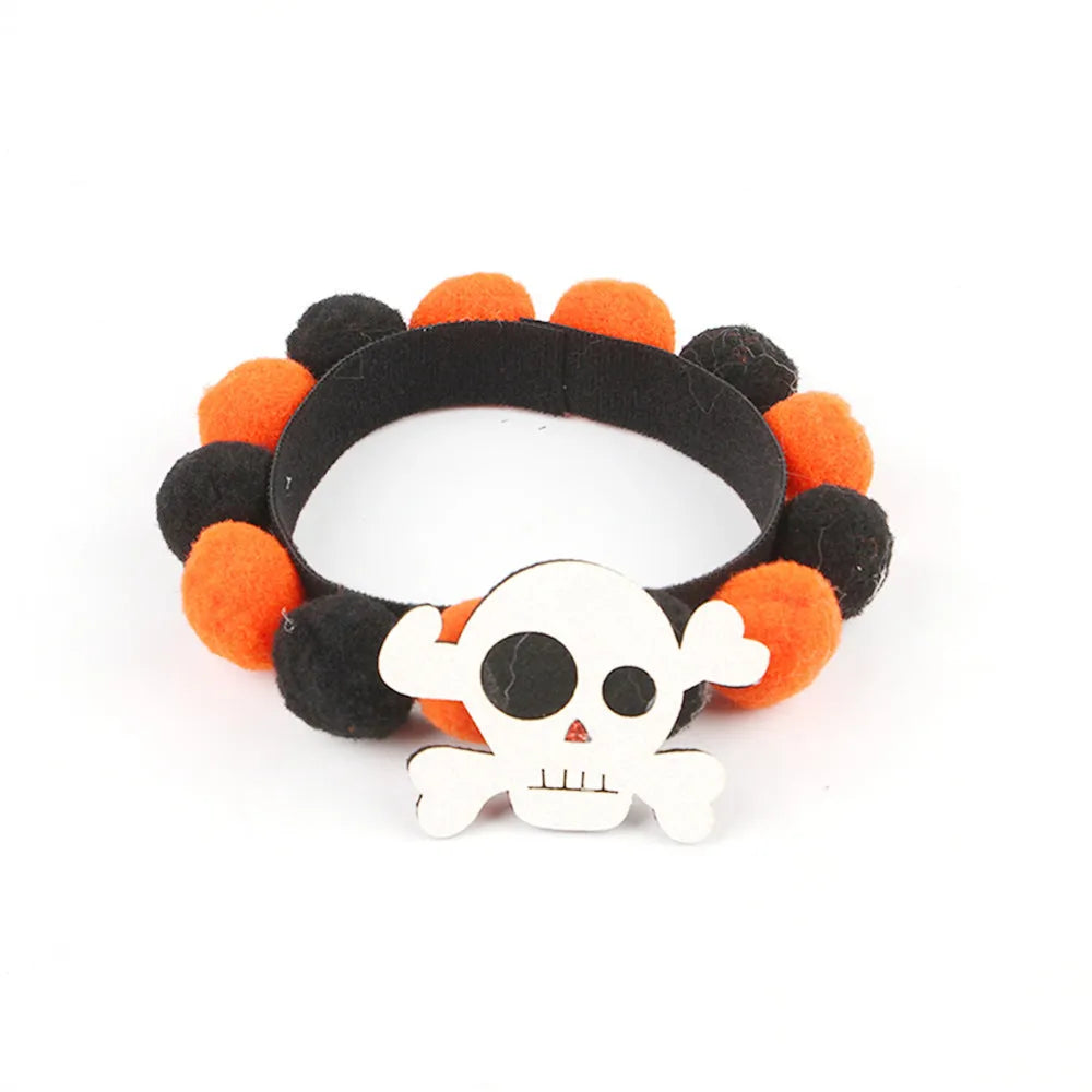 Halloween pet collar with fur ball pumpkin decoration in six colour and theme variations